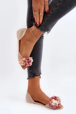 Outlet Baleriny Damskie Gumowe Z Kwiatami Beżowe Junikla Damskie Baleriny Klasyczne