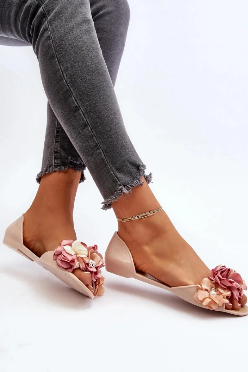 Outlet Baleriny Damskie Gumowe Z Kwiatami Beżowe Junikla Damskie Baleriny Klasyczne