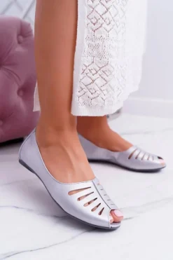 Online Baleriny Damskie Skórzane Srebrne 03497-35 Damskie Baleriny Skórzane|Baleriny Klasyczne