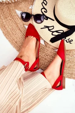 Sale Boto Baleriny Damskie Płaskie Czerwone Na Pasek W Szpic Allison