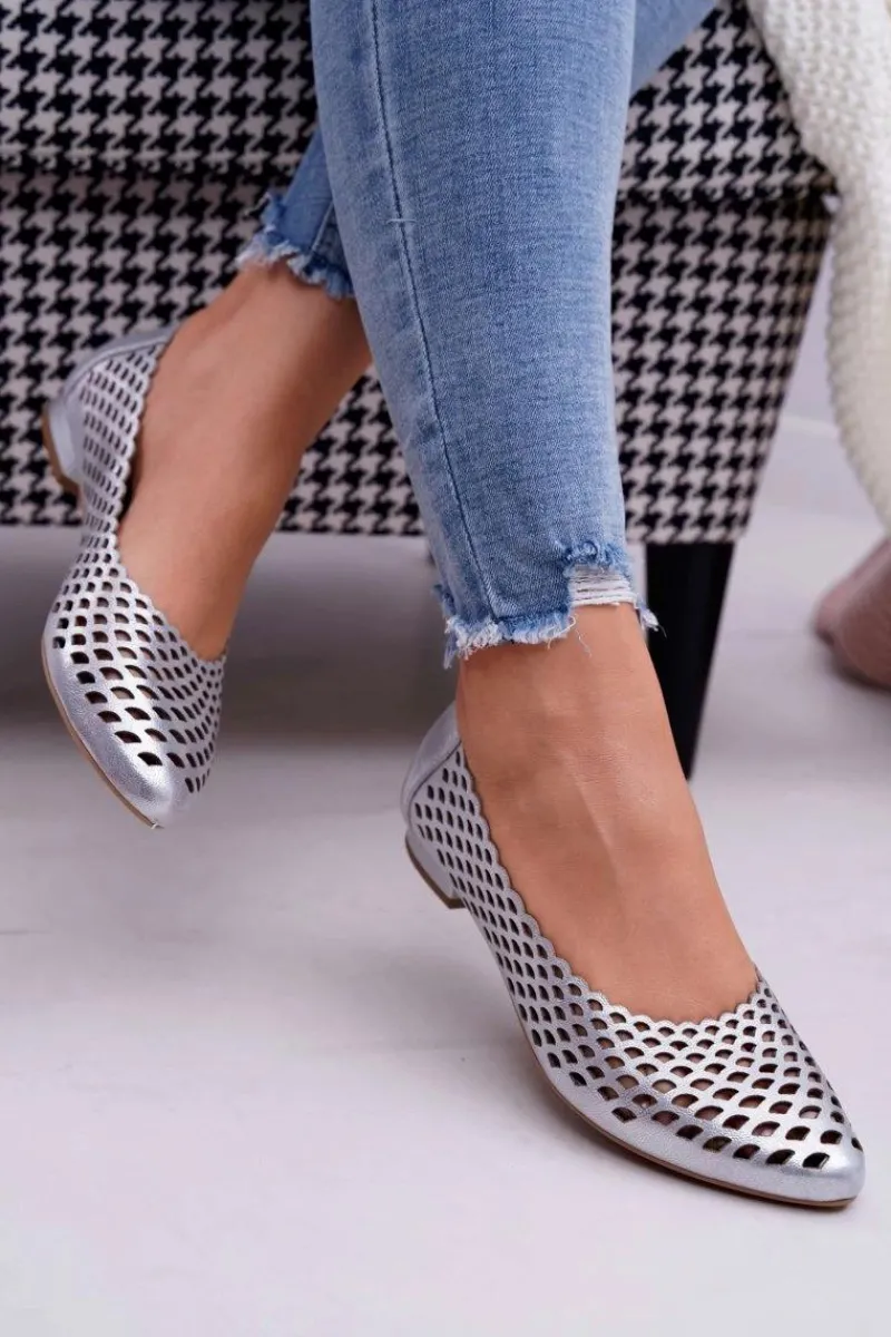 Online Baleriny Damskie Srebrne Skórzane Exquisite 1107/1 Damskie Baleriny Skórzane|Baleriny Klasyczne