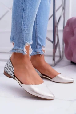 Baleriny Skórzane|Baleriny Klasyczne>Boto Baleriny Damskie W Szpic Wzór Krokodyla Skórzane Złote Anthem