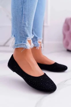 New Boto Baleriny Damskie Z Cyrkoniami Zamszowe Czarne Lora