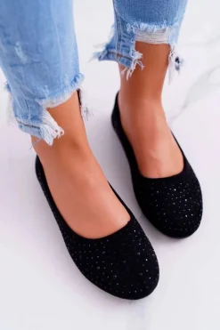 New Boto Baleriny Damskie Z Cyrkoniami Zamszowe Czarne Lora