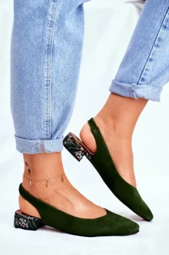 New Baleriny Na Obcasie Zielone 04482-09 Damskie Czółenka Zamszowe|Baleriny Skórzane