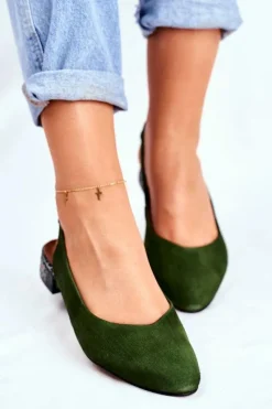 New Baleriny Na Obcasie Zielone 04482-09 Damskie Czółenka Zamszowe|Baleriny Skórzane