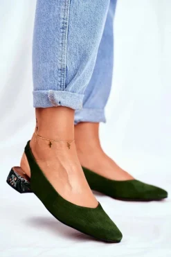 New Baleriny Na Obcasie Zielone 04482-09 Damskie Czółenka Zamszowe|Baleriny Skórzane