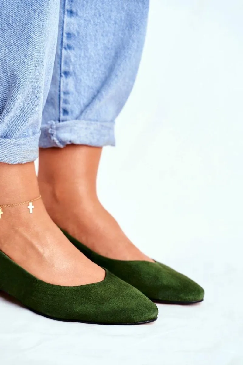 New Baleriny Na Obcasie Zielone 04482-09 Damskie Czółenka Zamszowe|Baleriny Skórzane