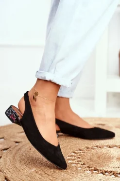 Discount Baleriny Na Obcasie Czarne 04482-01 Damskie Czółenka Zamszowe|Baleriny Skórzane