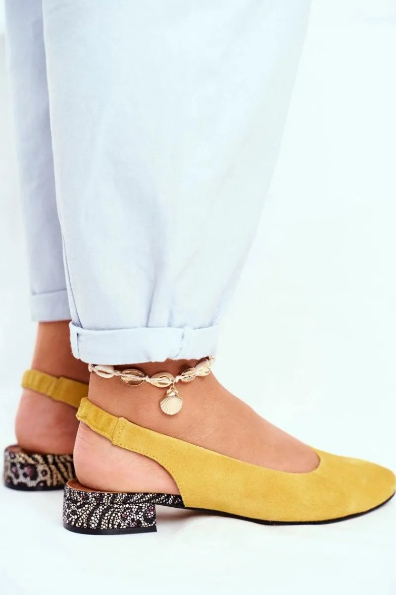 Czółenka Zamszowe|Baleriny Skórzane>Maciejka Baleriny Na Obcasie Żółte 04482-07