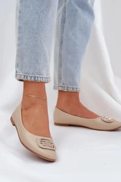 Sale Baleriny Na Płaskiej Podeszwie Z Ozdobą Beżowe Ainoria Damskie Baleriny Skórzane|Baleriny Klasyczne