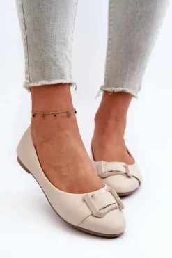 Outlet Baleriny Z Paskiem I Ozdobą Eko Skórzane Jasnobeżowe Cadwenla Damskie Baleriny Skórzane|Baleriny Klasyczne