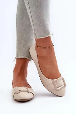 Outlet Baleriny Z Paskiem I Ozdobą Eko Skórzane Jasnobeżowe Cadwenla Damskie Baleriny Skórzane|Baleriny Klasyczne