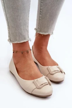 Outlet Baleriny Z Paskiem I Ozdobą Eko Skórzane Jasnobeżowe Cadwenla Damskie Baleriny Skórzane|Baleriny Klasyczne