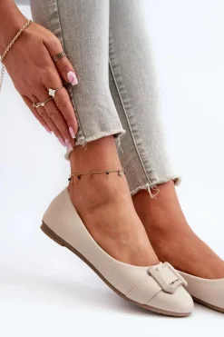 Outlet Baleriny Z Paskiem I Ozdobą Eko Skórzane Jasnobeżowe Cadwenla Damskie Baleriny Skórzane|Baleriny Klasyczne