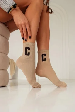 Skarpetki|Skarpetki>Milena Bawełniane Skarpetki Damskie Z Literą C Beżowe Beżowy