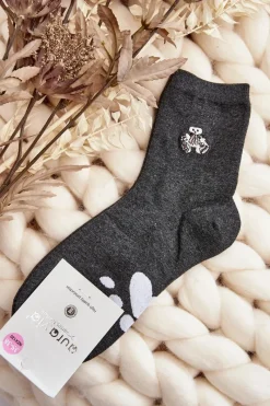 Discount Bawełniane Skarpety Damskie Z Naszywką Miś Ciemnoszare Skarpetki|Skarpetki