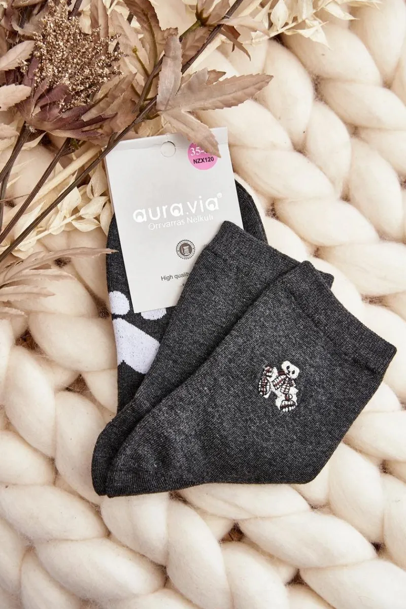 Discount Bawełniane Skarpety Damskie Z Naszywką Miś Ciemnoszare Skarpetki|Skarpetki