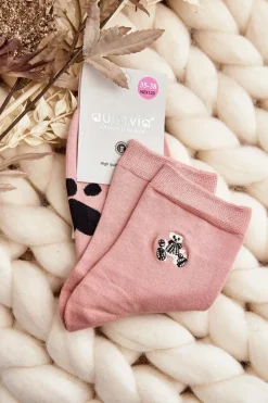 Skarpetki|Skarpetki>Aura.via Bawełniane Skarpety Damskie Z Naszywką Miś Różowe