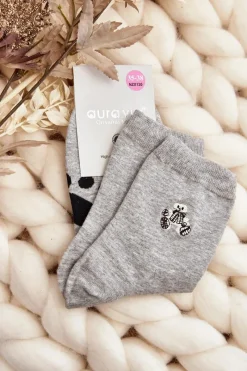 Skarpetki|Skarpetki>Aura.via Bawełniane Skarpety Damskie Z Naszywką Miś Szare Szary