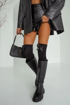 Discount Bawełniane Zakolanówki Z Kokardką Czarne Skarpetki|Skarpetki