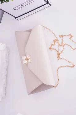 Sale Boto Beżowa Kopertówka Złoty Łańcuch Perły