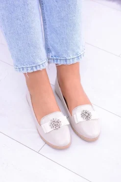 Clearance Boto Beżowe Damskie Baleriny Lordsy Cyrkonie Rumi