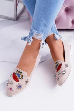 Clearance Beżowe Damskie Baleriny Naszywki Princess Damskie Baleriny Klasyczne