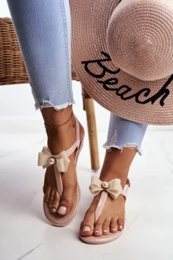 Sandały Gumowe|Sandały Płaskie>Boto Beżowe Damskie Gumowe Sandałki Japonki Kokarda Etta