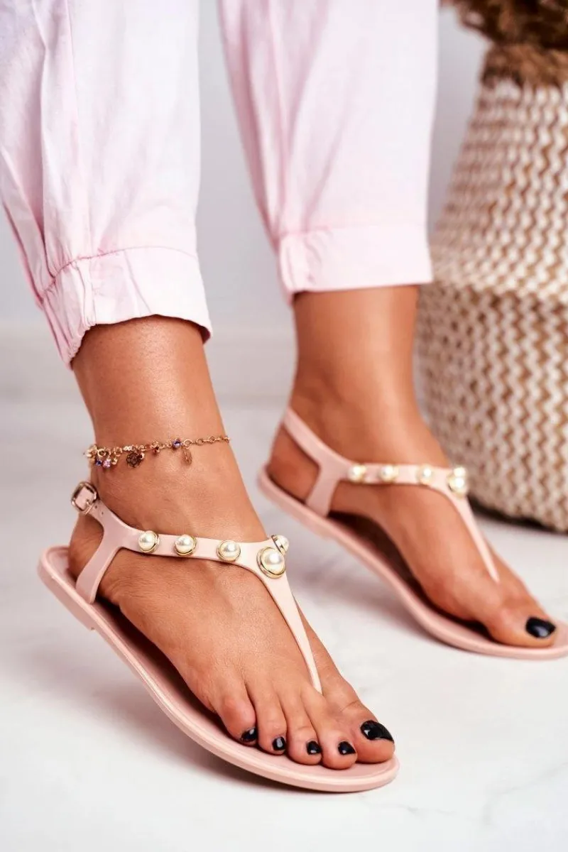 Sale Beżowe Damskie Gumowe Sandałki Japonki Perełki Denise Damskie Sandały Gumowe|Sandały Płaskie