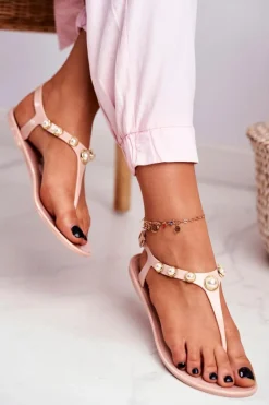 Sale Beżowe Damskie Gumowe Sandałki Japonki Perełki Denise Damskie Sandały Gumowe|Sandały Płaskie