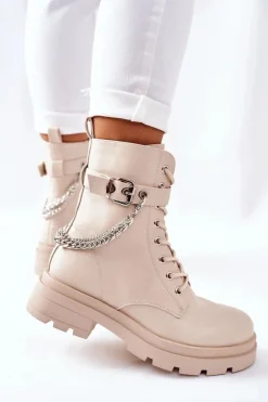 Beżowe Workery Botki z Łańcuchem Midtown Damskie Czarne Botki|Botki Zimowe Damskie