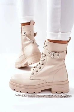 Beżowe Workery Botki z Łańcuchem Midtown Damskie Czarne Botki|Botki Zimowe Damskie