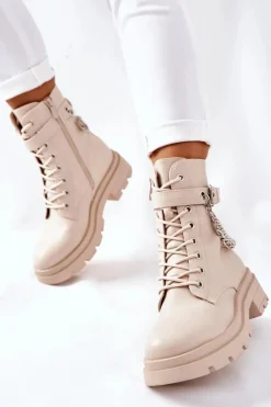 Beżowe Workery Botki z Łańcuchem Midtown Damskie Czarne Botki|Botki Zimowe Damskie