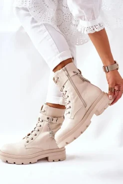 Beżowe Workery Botki z Łańcuchem Midtown Damskie Czarne Botki|Botki Zimowe Damskie