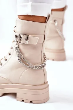 Beżowe Workery Botki z Łańcuchem Midtown Damskie Czarne Botki|Botki Zimowe Damskie