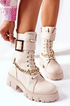 Boto Beżowe Workery Botki z Łańcuchem Klamra Tanaros