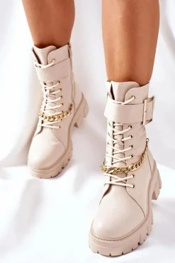 Boto Beżowe Workery Botki z Łańcuchem Klamra Tanaros
