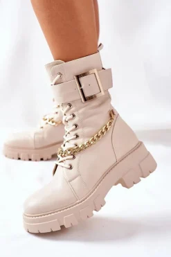 Boto Beżowe Workery Botki z Łańcuchem Klamra Tanaros