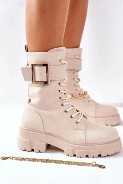 Boto Beżowe Workery Botki z Łańcuchem Klamra Tanaros