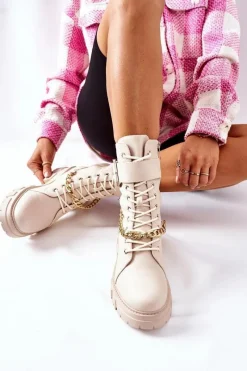 Boto Beżowe Workery Botki z Łańcuchem Klamra Tanaros