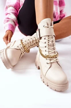 Boto Beżowe Workery Botki z Łańcuchem Klamra Tanaros