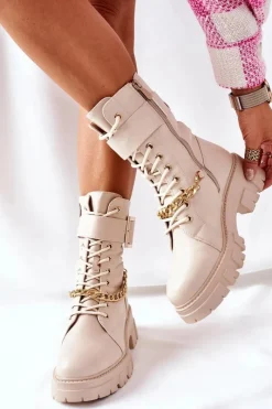 Boto Beżowe Workery Botki z Łańcuchem Klamra Tanaros