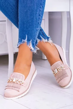 Best Beżowe Zamszowe Mokasyny z Kryształami Vivaro Damskie Mokasyny Damskie Zamszowe