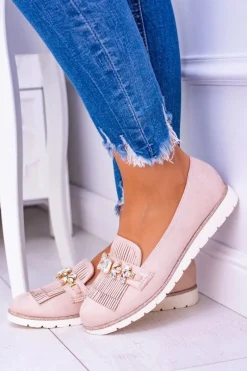 Best Beżowe Zamszowe Mokasyny z Kryształami Vivaro Damskie Mokasyny Damskie Zamszowe