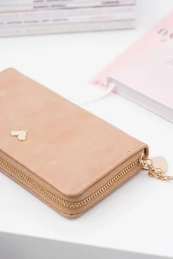 Beżowy Damski Duży Portfel Brelok Złote Serce Portfele