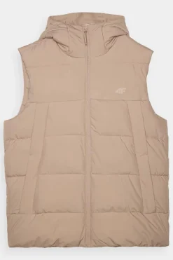 Kurtki Męskie|Odzież 4F></noscript>4F Bezrękawnik Puchowy Męski Z Kapturem WAW24TVJAM144-83S Beżowy