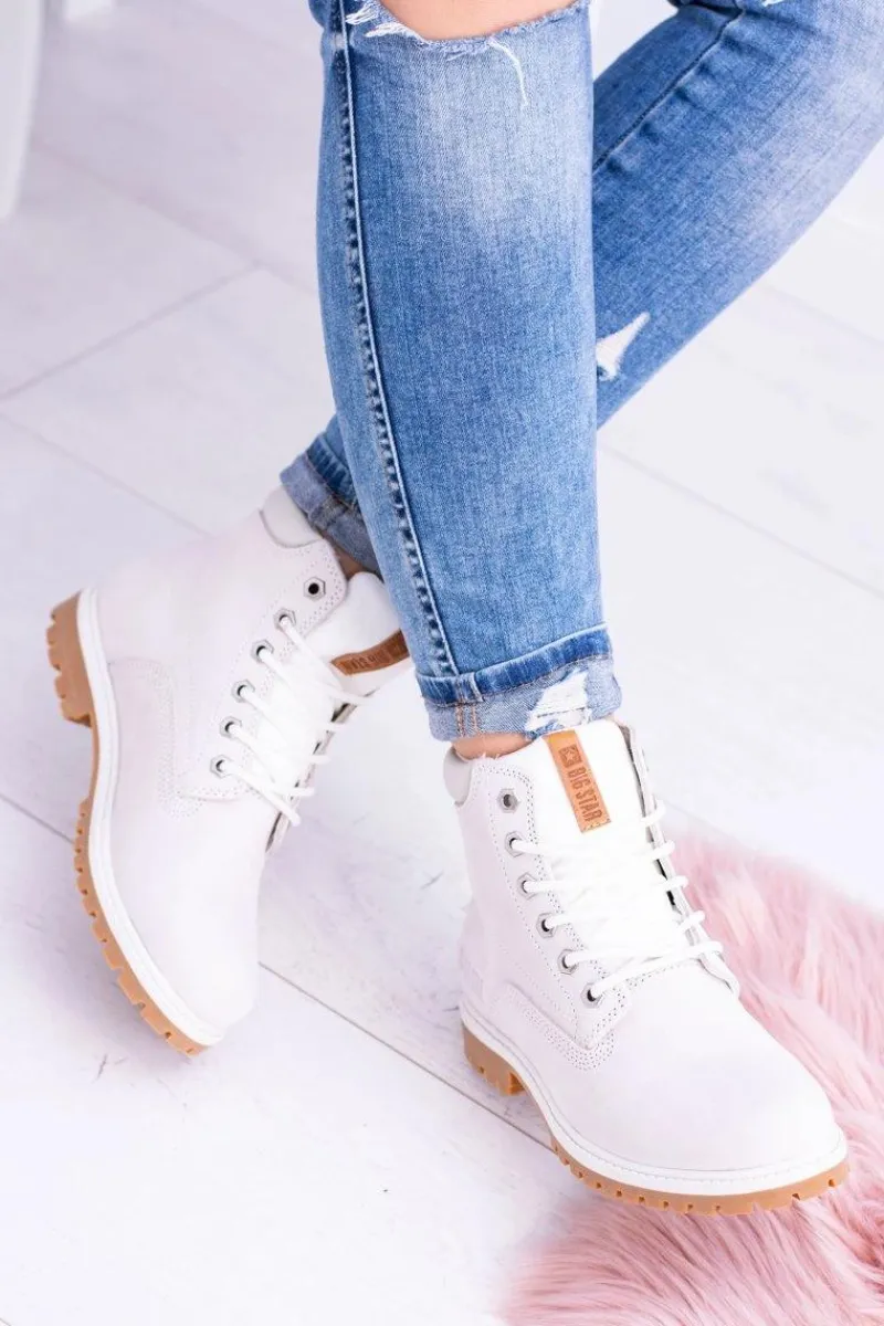 Hot Big Star Botki Damskie Białe Timberki Traperki Timon Damskie Damskie Trapery|Botki Sznurowane