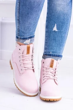 Outlet Big Star Botki Damskie Timberki Traperki Pudrowy Róż Timon Damskie Damskie Trapery|Botki Sznurowane
