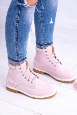 Outlet Big Star Botki Damskie Timberki Traperki Pudrowy Róż Timon Damskie Damskie Trapery|Botki Sznurowane